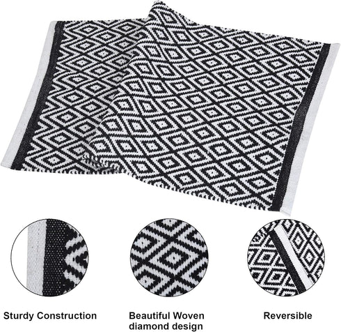 RAJRANG Cotton Hand Woven Diamond Area Rug, Reversible Checkered Bathroom Rugs, Geometric Entry Mat, Machine Washable, Durable - Black & White, 21...