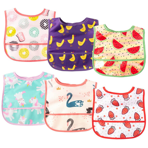 6Pcs Baby Feeding Bibs Waterproof Toddler Bib Set with Crumb Catcher Pocket Infant Adjustable Baby Teething Bib Babies Sleeveless Colorful Fruits ...