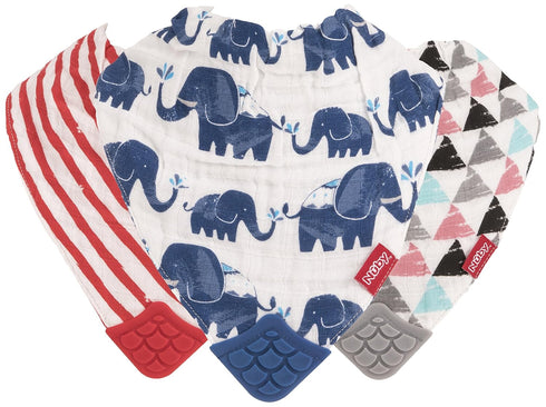 Nuby Reversible 100% Natural Cotton Muslin 3 Piece Teething Bib, Grey/Red/Blue, Arrows/Red Stripes/Elephants...