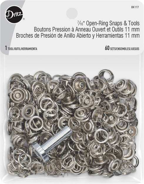 Dritz 2 Open Ring Sides Size 16 Nickel Includes Snaps & Tool Fasteners, 7/16", 60 Sets...