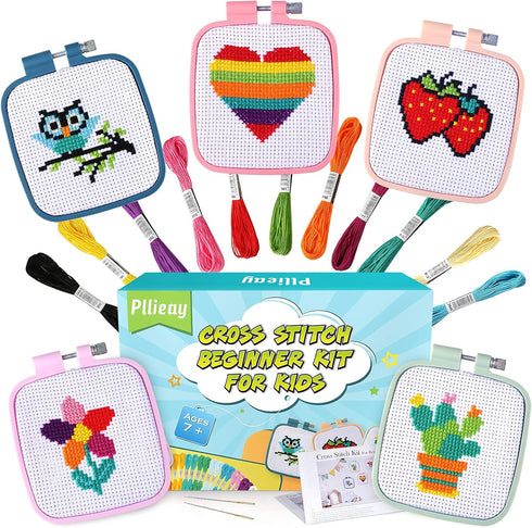 Pllieay 5PCS Cross Stitch Kits for Beginners for Kids 7-13, Includes 5 Project Patterned and 5pcs Square Embroidery Hoops, 11 Skeins, Needle Point...