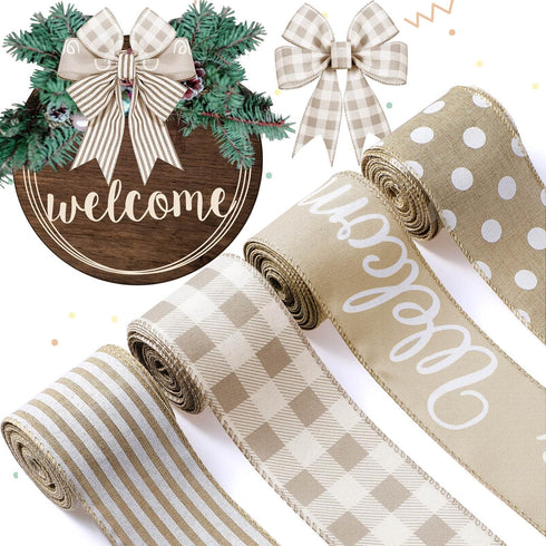20 Yards Farmhouse Ribbon 4 Rolls Wired Ribbon Welcome Stripe Dot Buffalo Plaid Ribbon Wired Rustic Polyester Ribbon for Summer Wreaths Assorted D...