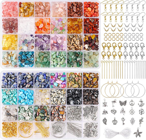 QUEFE 720pcs Crystal Chips Beads Ring Making Kit, 40 Colors Crystal Chips and Gemstone Beads for Jewelry Making Crystal Beads for Ring, Bracelets ...