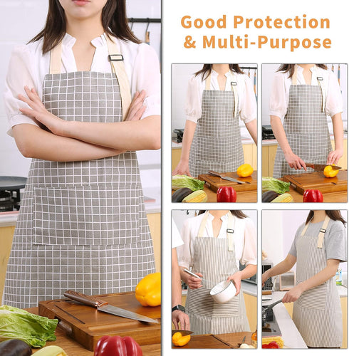 Tosewever 2 Pieces Kitchen Cooking Aprons, Waterproof Linen Adjustable Bib Aprons with 2 Pockets for Women Men Chef (Grey Stripes/Plaids, 2)...