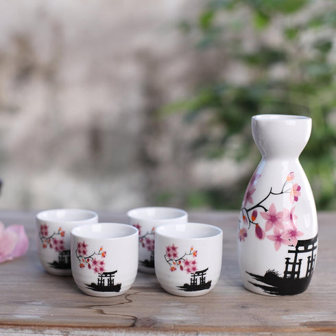 Tosnail 5 Pieces Ceramic Japanese Sake Set, 1 Serving Carafe and 4 Cups - Pink Sakura...