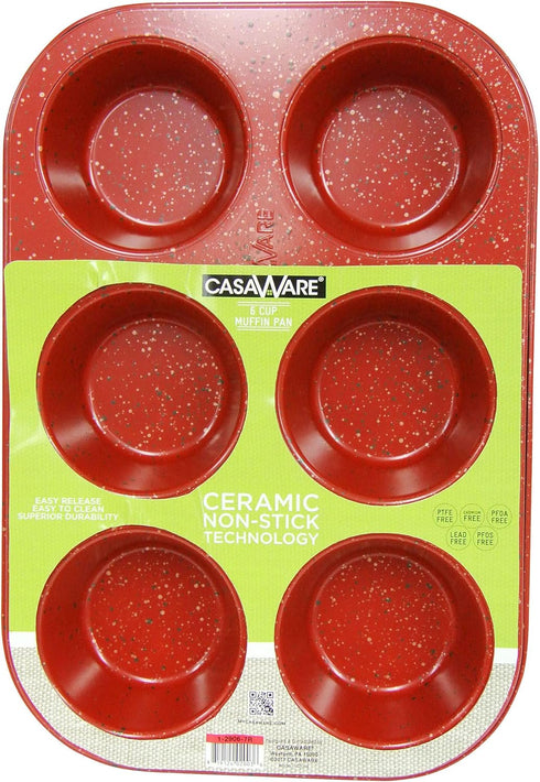 casaWare Toaster Oven 6 Cup Muffin Pan NonStick Ceramic Coated (Red Granite)...
