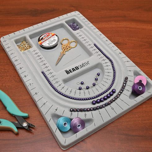 The Beadsmith Bead Board, Grey Flocked, 3 U-Shaped Channels, 6 Recessed Compartments, 9.5 x 13 inches, Design Boards for Creating Bracelets, Neckl...