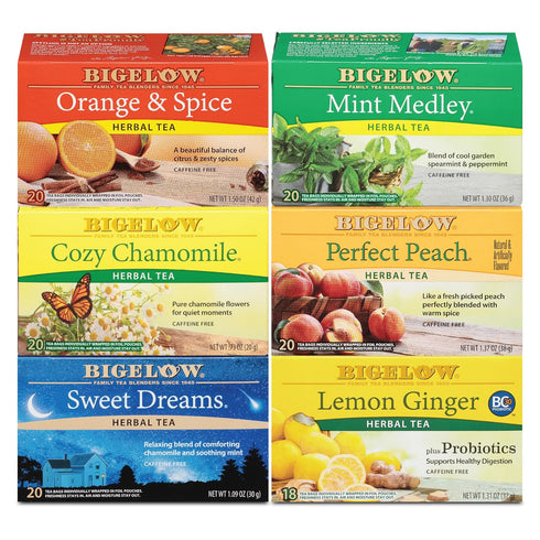 Bigelow Tea Caffeine Free 6 Flavor Herbal Tea Variety Pack, Decaf Tea with Mint Medley, Cozy Chamomile, Orange and Spice, Sweet Dreams, Perfect Pe...
