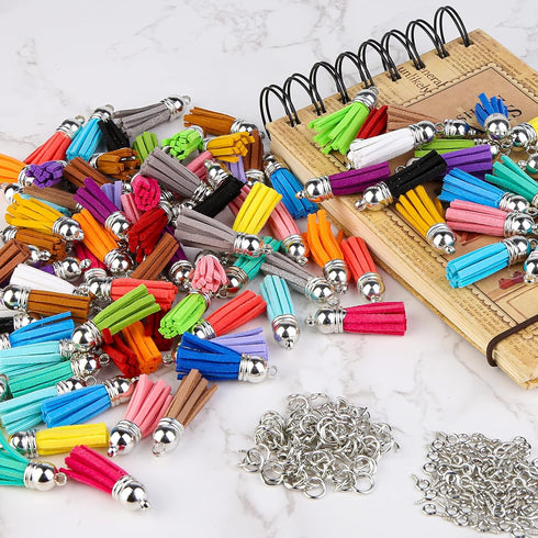 Keychain Tassels Jewelry Key Charms - 300pcs Keychain Tassels Bulk, 100pcs Key Chain Tassles, 100pcs Jump Rings, 100pcs Screw Eye Pins Hooks, Leat...