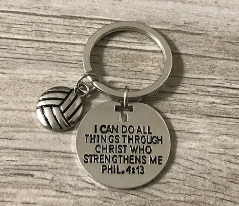 Sportybella - Volleyball Charm Key Chain, Engraved (I Can Do All Things Through Christ Wo Strengthens Me, Phil 4:13) Keychain Accessories with Vol...