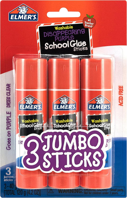 Elmer's Disappearing Purple School Glue Sticks, Washable, Jumbo Size, 40 Grams, 3 Count...