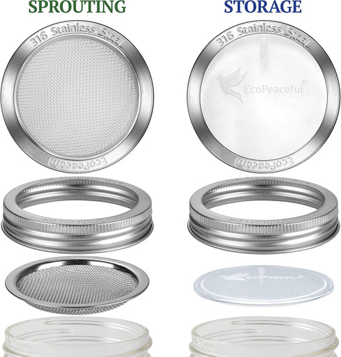 4 Pack Mason Jar Sprouting Lids for Wide Mouth Mason Jars (Ball or Kerr) - 316 Surgical Stainless Steel Curved Mesh Sprouting Set (4 Rings, 4 Scre...
