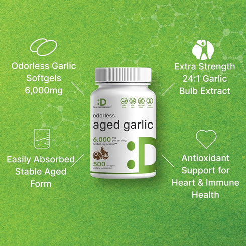 DEAL SUPPLEMENT Odorless Aged Garlic Pills, 6,000mg Per Serving, 500 Softgels – 24:1 Garlic Oil Extract – Fresh Allium Sativum Bulb Source – Heart...