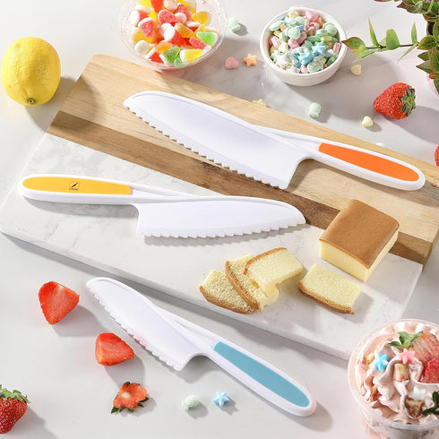 3PCS Toddler Knife Set, Plastic Kids Knife Set for Real Cooking, Round Tips with Serrated Edges, Perfectly Safe Kids Knife Set (Orange, Blue, Gree...