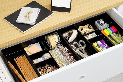 CAXXA 3 Slot Drawer Organizer with 4 Adjustable Dividers - Junk Drawer Storage for Office Desk Supplies and Accessories, Black (1 Pack)...