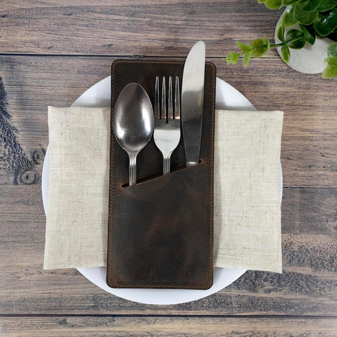 Set of 2 Rectangular Cutlery Sleeves, Utensils Place Setting, Silverware Holder, Flatware, Full Grain Leather, Handmade, Bourbon Brown...