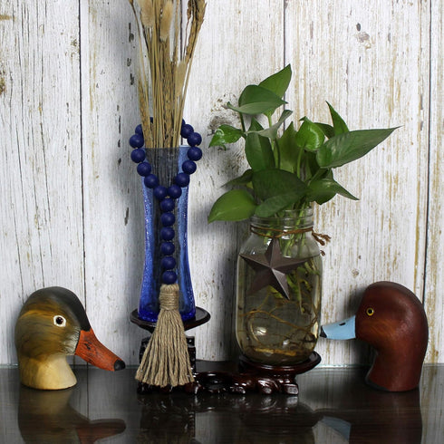 CVHOMEDECO. Wood Beads Garland with Tassels 3 PCS Farmhouse Rustic Wooden Prayer Bead String Wall Hanging Accent for Home Festival Decor. Navy Blu...