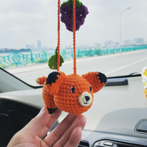 BUNNY Crochet Fox Car Rear View Mirror Holder, Cute Fox Car Hanging Ornament, A Gift for Fox Lovers Car Hanging, Crochet Lovely Fox Bag Ornament, ...