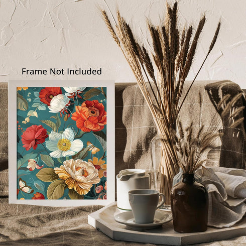 Posterizer 1 pcs-beige-white orange flowers-blue background-Floral & Botanical Art-Abstract & Modern Art-Decor for Home & Office- UNFRAMED Wall Ar...