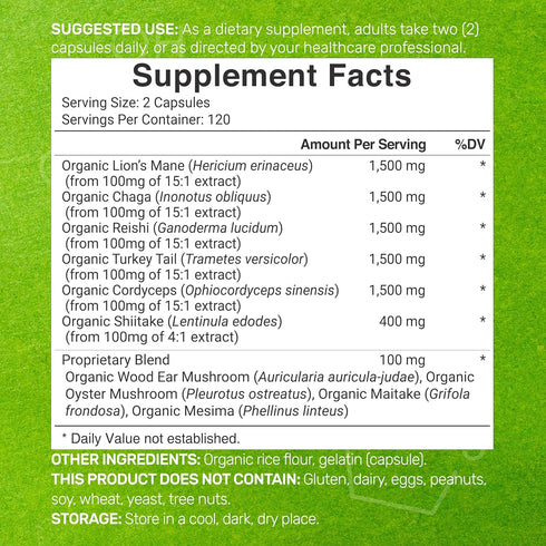 Organic Mushroom Supplement, 8,000mg Per Serving, 240 Capsules – 10 in 1 Defense Formula – Turkey Tail, Lions Mane, Cordyceps, Chaga, & More – Imm...
