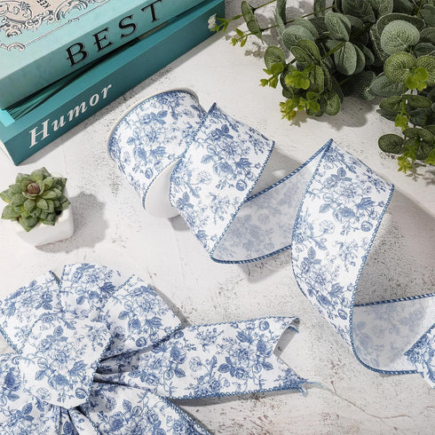 AnyDesign Floral Wired Edge Ribbon Blue Flower Craft Ribbon Chinoiserie Decorative Fabric Ribbon for DIY Crafts Wreath Bow Making, 12 Yards...