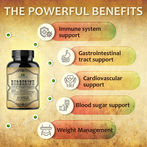 Berberine Capsules Ceylon Cinnamon & Turmeric - Berberine HCL Dietary Supplement for Men and Women – Non GMO Berberine 1000mg – Ideal for Immune S...