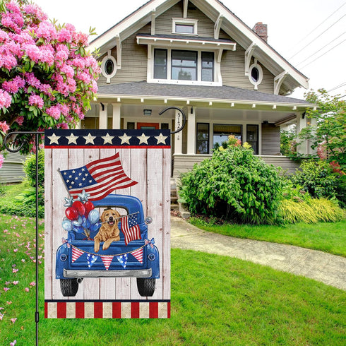 Louise Maelys 4th of July Garden Flag 12x18 Double Sided, Small Burlap Truck Golden Retriever Dog Welcome Patriotic Garden Yard House FLags for Me...