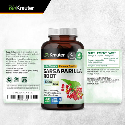 BIO KRAUTER Sarsaparilla Root Capsules - 1000 mg Strength - 250 Vegan Sarsaparilla Extract Caps - No Fillers...