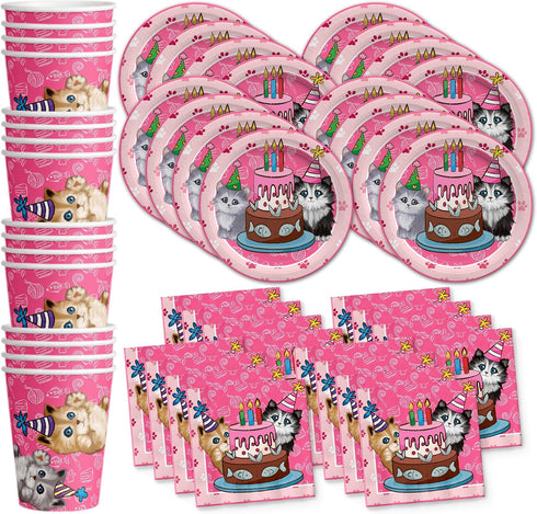 Kitty Cat Pink Kitten Birthday Party Supplies Set Plates Napkins Cups Tableware Kit for 16...