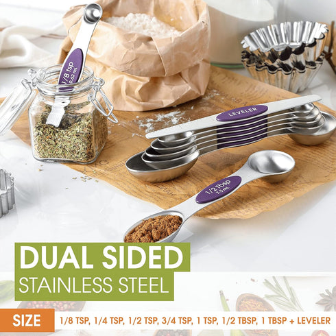 Spring Chef Purple Stainless Steel Magnetic Measuring Spoons Set of 8 with Leveler, Dual Sided Metal Teaspoon & Tablespoon Measuring Spoons, Kitch...