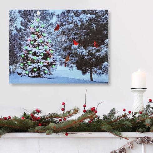 BANBERRY DESIGNS Lighted Christmas Tree & Cardinal Birds LED Canvas Print - Snowy Winter - Forest Pine Trees - Winter Scene Wall Art Measures 15.7...