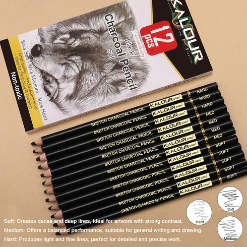 KALOUR Professional Charcoal Pencils Drawing Set -12 Pieces Soft, Medium and Hard Charcoal Pencils for Drawing, Sketching, Shading, Artist Pencils...