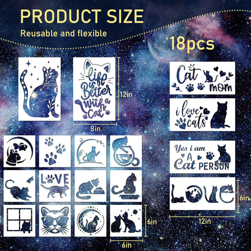 Cat Stencils for Painting, 18 Pack Reusable Plastic Drawing Template for DIY Cat Painting Craft, Cute Cat Stencils for Painting on Wood Wall Canva...