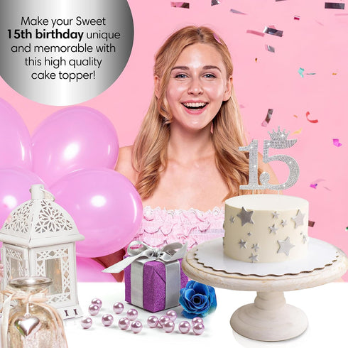 Number 15 Quinceanera Rhinestone Princess Crown Monogram Cake Topper - Sweet 15th Birthday Party (Silver)...