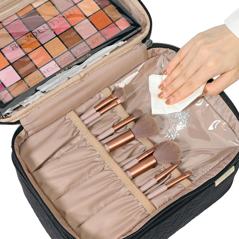 NISHEL Large Double Layer Travel Makeup Bag Women, Large Cosmetic Case, Organizer for Travel-Size Accessories Bottles, Brushes, Conditioner, and S...