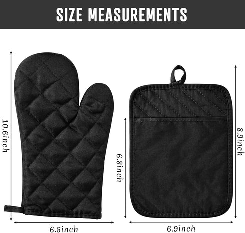 R HORSE 4Pcs Oven Mitts Pot Holders Set for Kitchen, Cotton Lining Heat Resistant Oven Gloves Black Kitchen Mittens Hot Pads Pot Holder with Pocke...