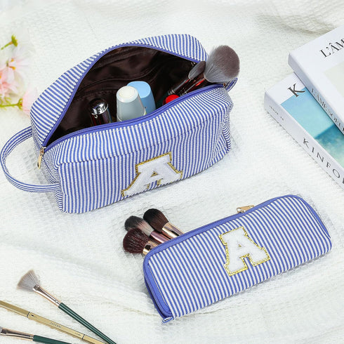 Makeup Bag for Women - Monogram Cute Initial Blue Makeup Bag Cosmetic Toiletry Pouch Make Up Case for Women Her Best Friend Friendship Sister Teac...