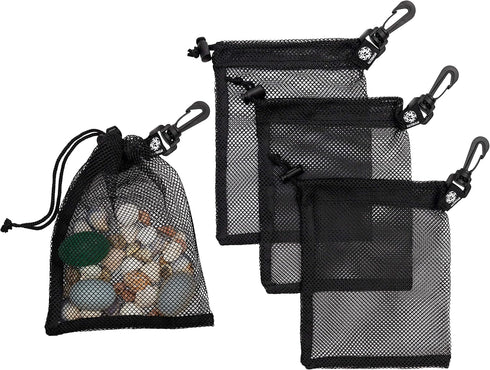 PALTERWEAR Mesh Drawstring Bag With Clip and Toggle Closure - For Watersports, Outdoor, Gym - Multi-Use Set of 4 (Black, 6 x 8 inch)...