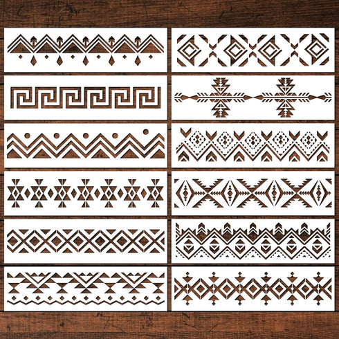 Aztec Stencils for Painting - 12 Pcs Boho Borders Pattern Stencils for Painting, Reusable DIY Stencils for Painting on Wood Canvas Wall, Basic Azt...