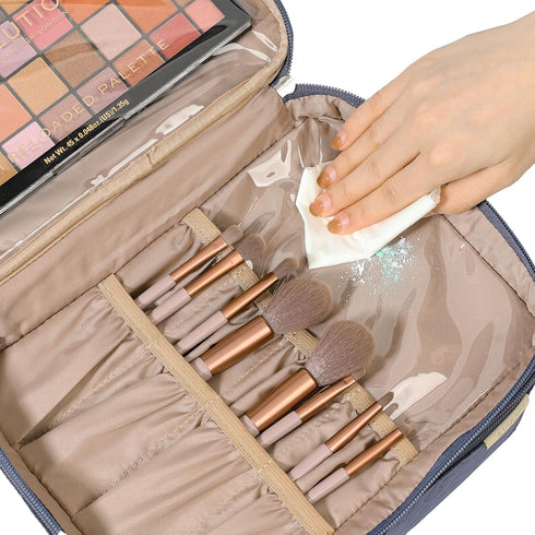 NISHEL Large Double Layer Travel Makeup Bag Women, Large Cosmetic Case, Organizer for Travel-Size Accessories Bottles, Brushes, Conditioner, and S...