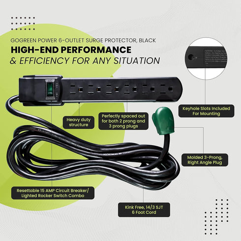 Go Green Power Inc. 6 Outlet Surge Protector, Black, 6ft Cord - 250 Joules, Circuit Breaker, Mountable, Great for in-Home Use...