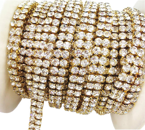 3 Feet 1 Yard 2 Rows Ss16 4mm Close Rhinestone Chain Trims Cup Chain Wedding Cake (Gold+Clear Crystal)...