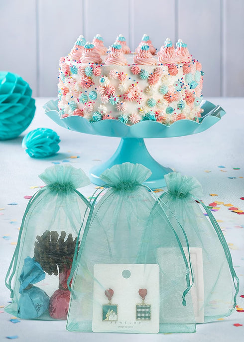 100PCS Sheer Organza Bag 5''X7'' Teal Mesh Bags Drawstring Jewelry Gift Bag for Baby Shower Wedding Party Favor Pouch Goodie Bags (Aqua)...