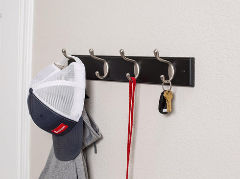BIRDROCK HOME Oval Hook Coat and Hat Rack | 4 Hooks | Wall Mount | Black Finish | Satin Nickel Hooks...