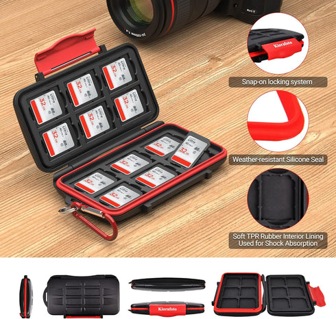 Kiorafoto 12 Slots SD SDHC SDXC Card Holder Case Professional Water-Resistant Anti-Shock Memory Card Storage Protector Wallet with Carabiner...
