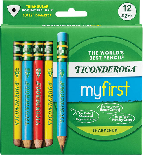 Ticonderoga My First Short Triangular Wood-Cased Pencils, 2 HB Soft, With Erasers, Primary Colors, 12 Count...