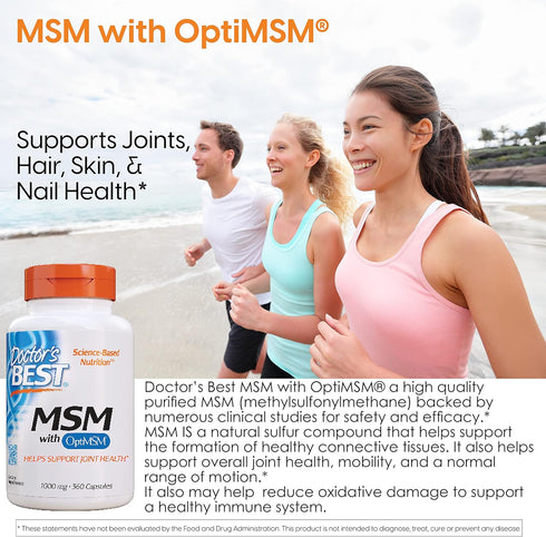 Doctor's Best MSM with OptiMSM, Joint Support, Immune System, Antioxidant and Protein-Building Role, Non-GMO, Gluten Free, 1000 mg, 180 Veggie Cap...