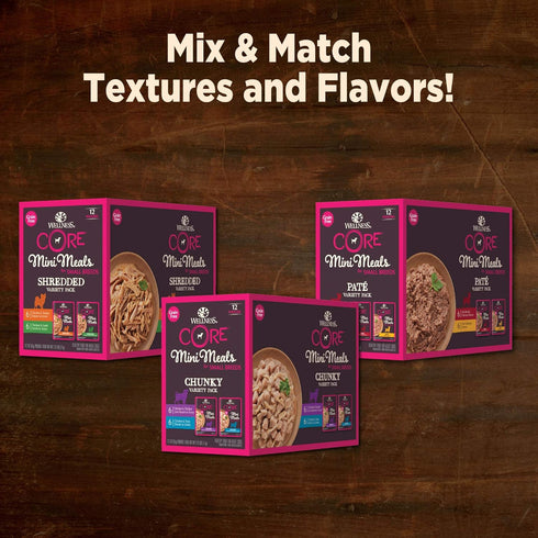 Wellness CORE Natural Grain Free Mini Meals Shredded Variety Pack, 3-Ounce (Pack of 12)...