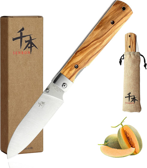 SENBON 440A stainless steel Ultra sharp pocket folding Japanese peeling utility knife Natural Olive Handle Camping trip Outdoor Portable Fruit kni...