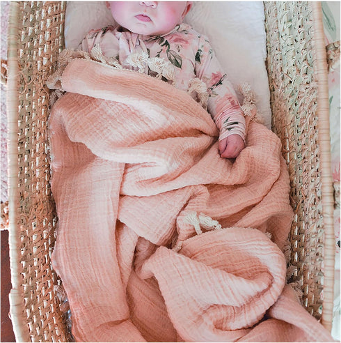 Crane Baby Muslin Swaddle Blanket, Soft Cotton Lightweight Nursery and Stroller Blanket for Baby Boys & Girls, Desert Rose, 30" x 40"...